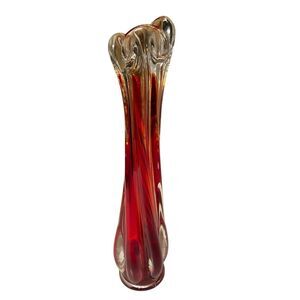 Art Glass  Vase Stretch Swung Pulled Twist Red Clear Bud 9 1/2"